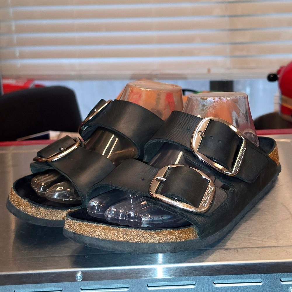 Birkenstock Arizona Big Buckle Black Oiled Leather Sandals Slides Silver Buckles